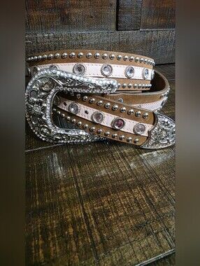 Leather Blingy Pink Rhinestone Studded Floral Buckle Cowgirl Belt XL